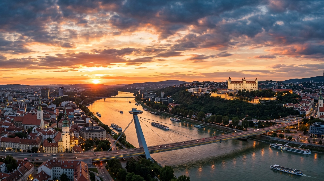 Bratislavský hrad a Dunaj pri západe slnka