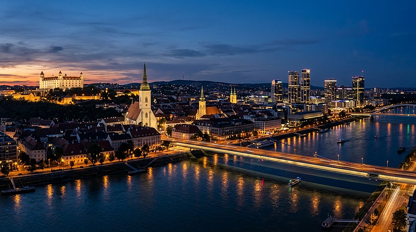 Bratislava — panoráma mesta pri súmraku